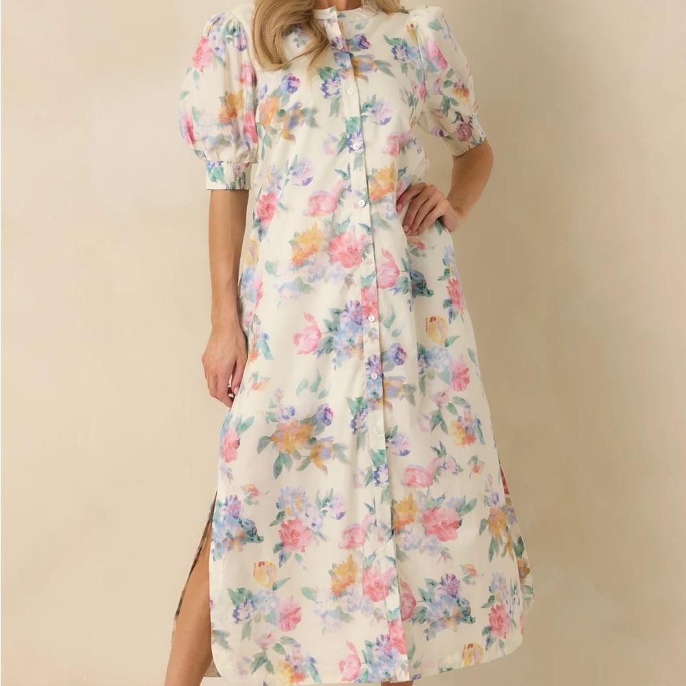 entro Cream Floral Puff-Sleeve Button-Front Maxi Dress